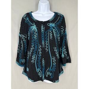 90s Vintage Jacket Medium Black Embroidered Cottage Western Boho Blue Bohemian